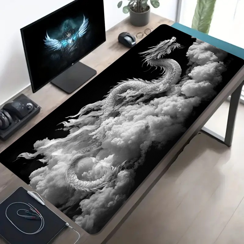 Desk Setup Laptop And Pc - Schwarz-Weißes Drachen-Gaming-Mauspad Großes Rutschfestes Gummi-Schreibtischpad für