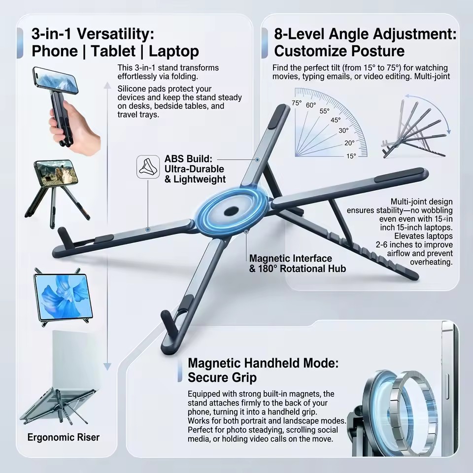 Desk Setup Maker - Tragbarer Magnetischer Handyhalter & Selfie-Stick 3-in-1