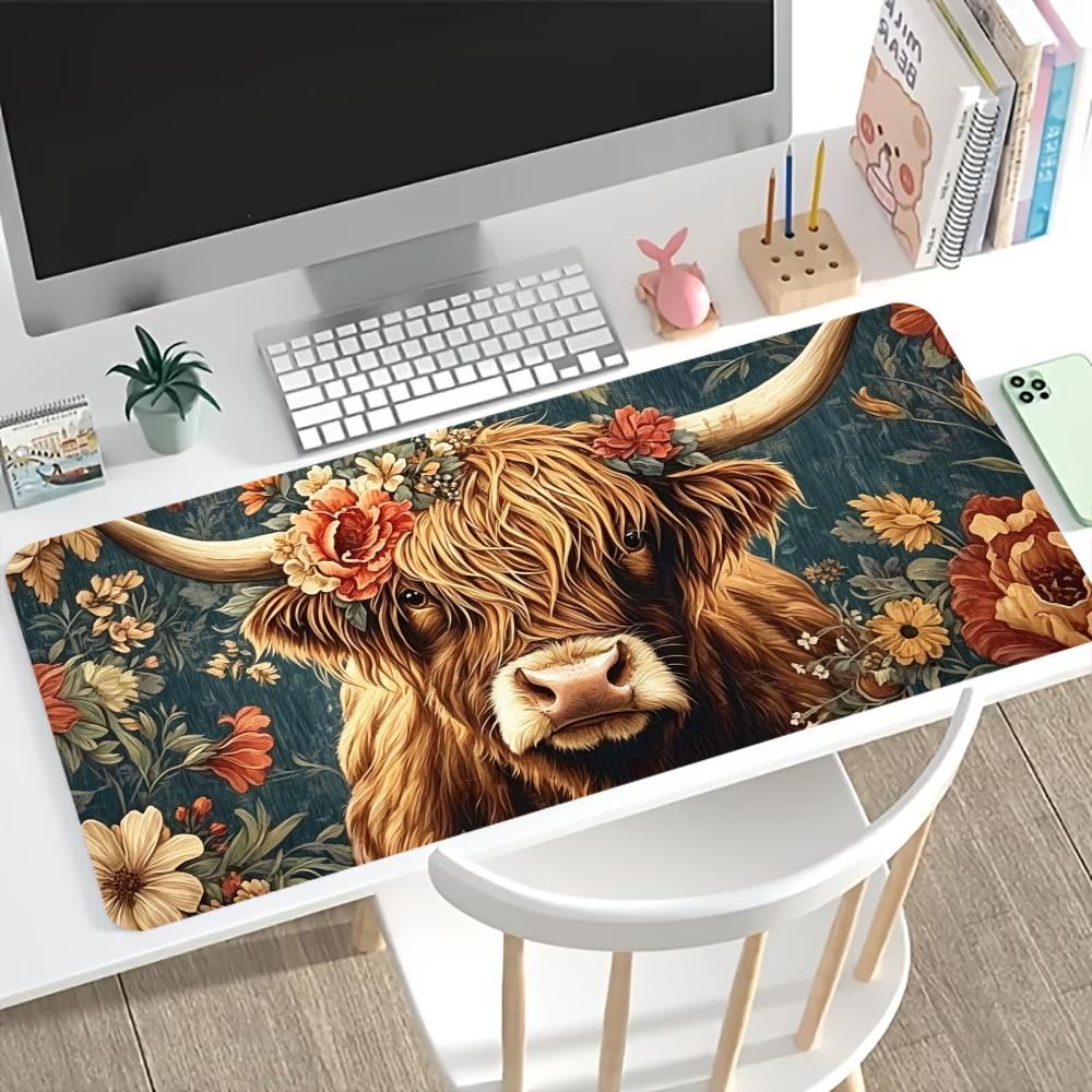 Desk Setup Vintage - Vintage Highland Cow Floral Gaming-Mauspad, rutschfeste