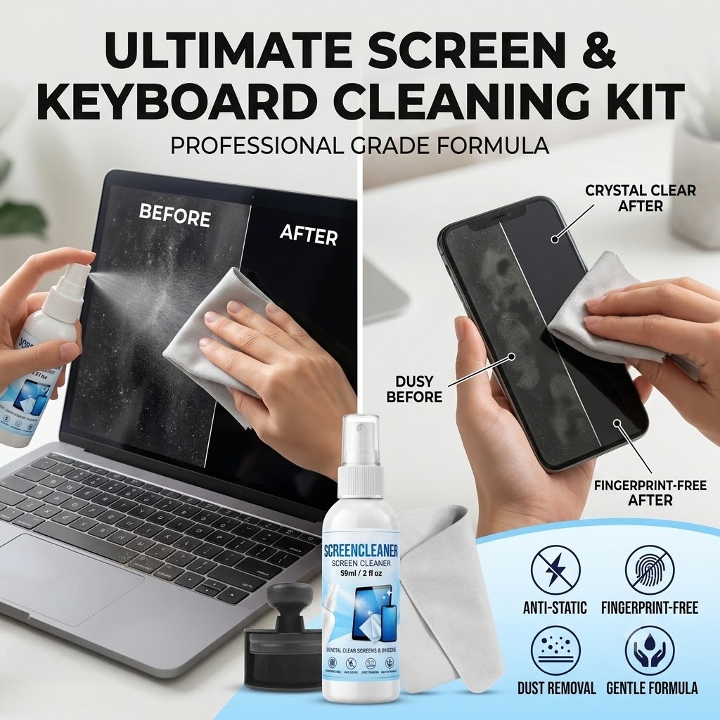 Monitor Cleaning Kit - Antistatischer Bildschirmreiniger-Spray-Set mit Reinigungstuch, Staubpinsel und